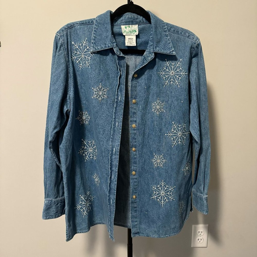 Vintage Quacker Factory Rhinestone Snowflake Denim Button Down - Size Medium‎